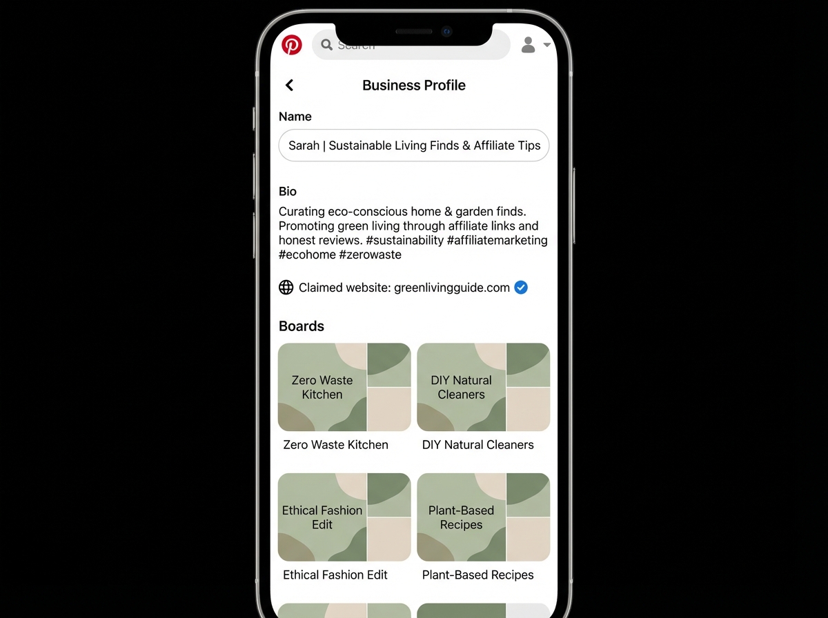 Pinterest business account profile setup screenshot showing keyword placement in profile name field, bio with niche-specific affiliate marketing keywords, claimed website badge, and organized board cover arrangement