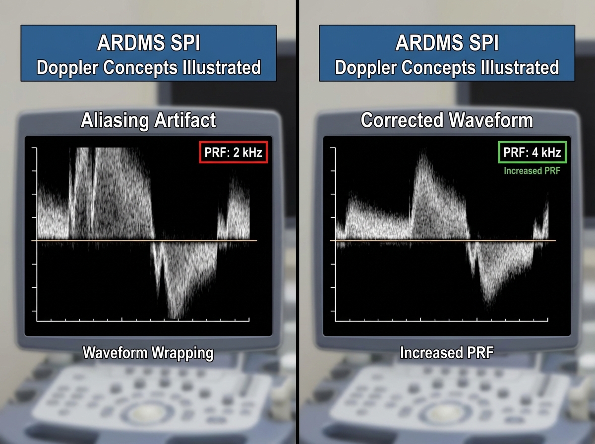 Spectral Doppler display showing aliasing artifact with waveform wrapping below baseline, PRF setting highlighted, alongside corrected waveform after PRF increase — ARDMS SPI Doppler concepts illustrated