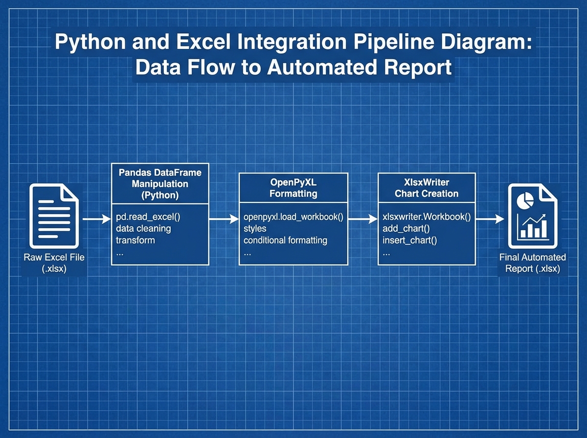 Python and Excel integration pipeline diagram showing data flow from raw Excel file through Pandas DataFrame manipulation, OpenPyXL formatting, and XlsxWriter chart creation to final automated report output