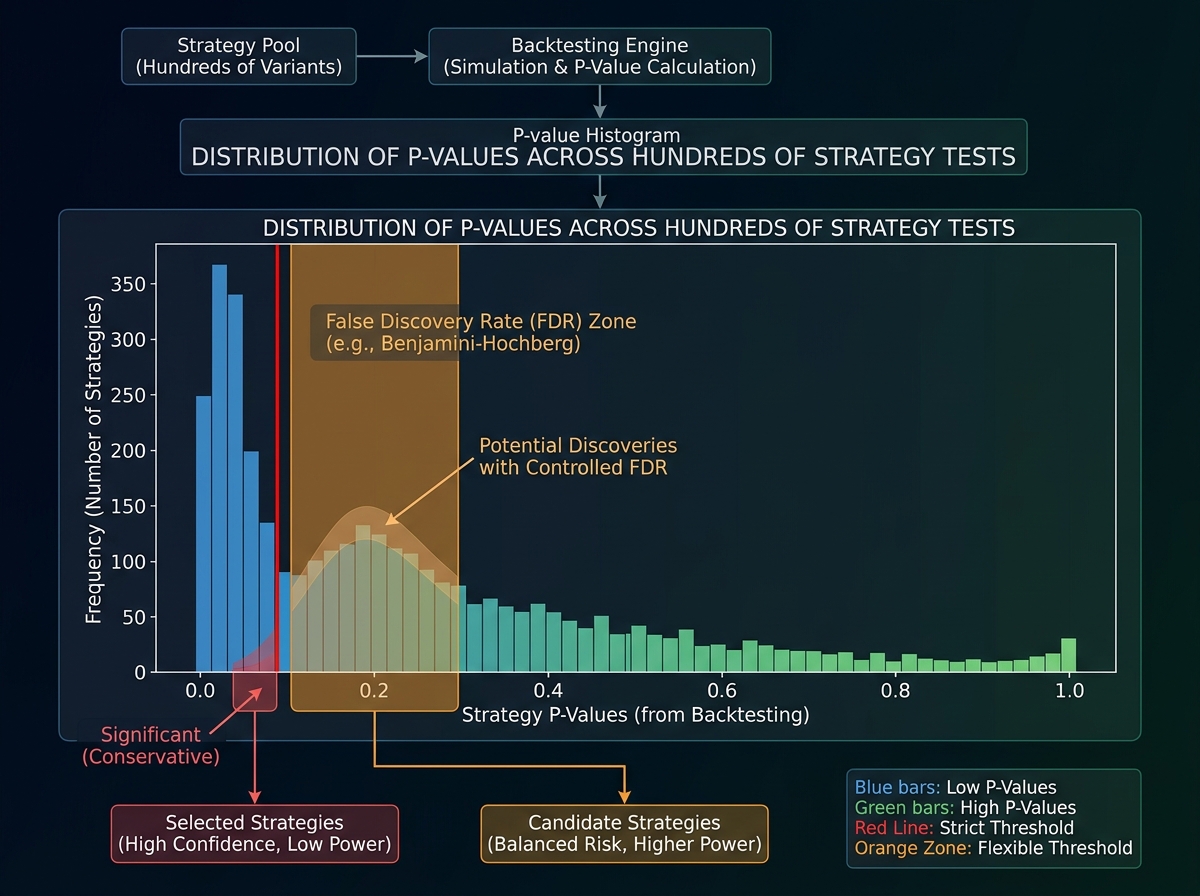 Multiple testing correction diagram for quantitative trading backtesting showing distribution of p-values across hundreds of strategy tests, with Bonferroni correction threshold line and false discovery rate zone highlighted