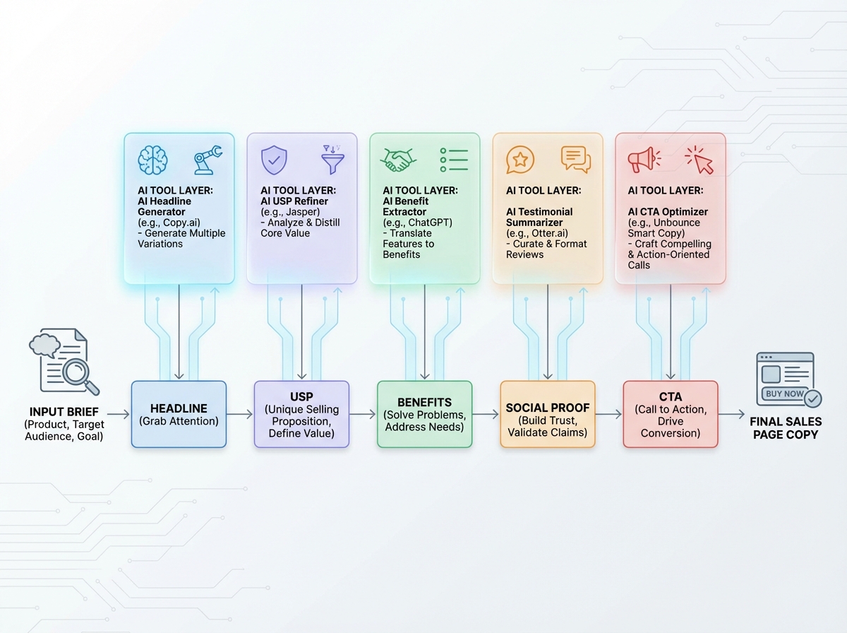 AI sales page copywriting pipeline diagram showing input brief flowing through headline, USP, benefits, social proof, and CTA sections with AI tool layer overlaid at each stage