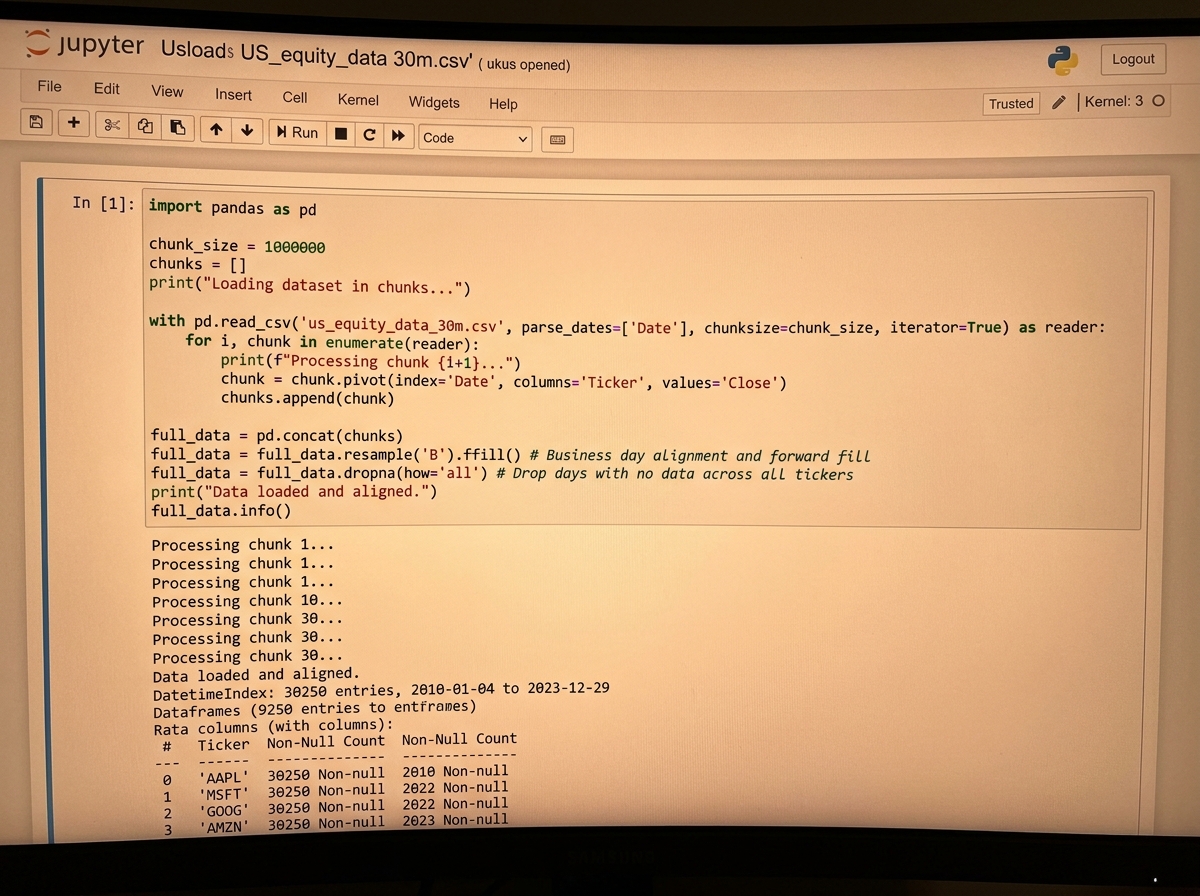 Python Pandas code loading a 30-million-row US equity dataset with chunked read_csv, showing date alignment and missing value handling across multiple stock tickers in a Jupyter notebook