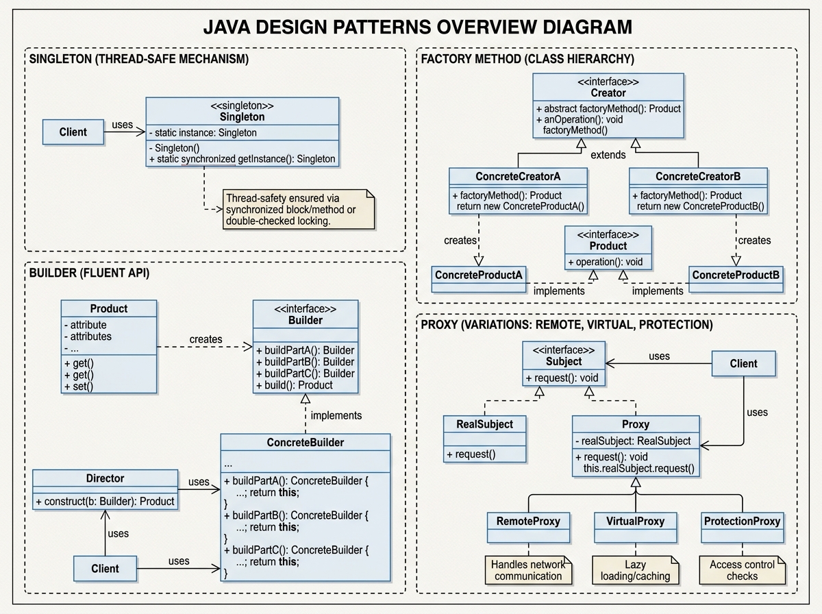 Java design patterns overview diagram showing Singleton with thread-safety mechanism, Factory Method class hierarchy, Builder pattern with fluent API, and Proxy pattern variations remote virtual protection with UML-style layout