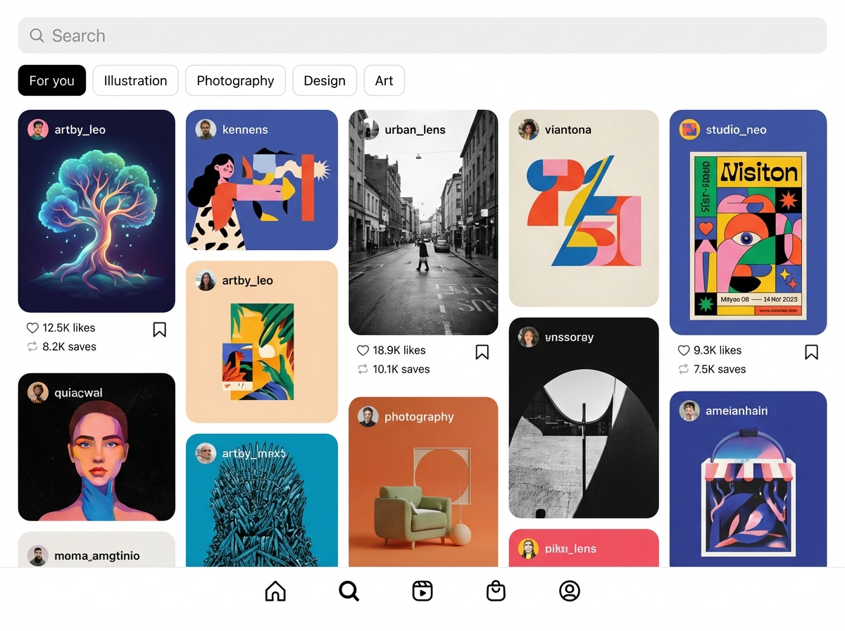 Instagram Explore page screenshot showing visual creative posts — illustration, photography, and design work — with high save counts and engagement metrics visible on each card