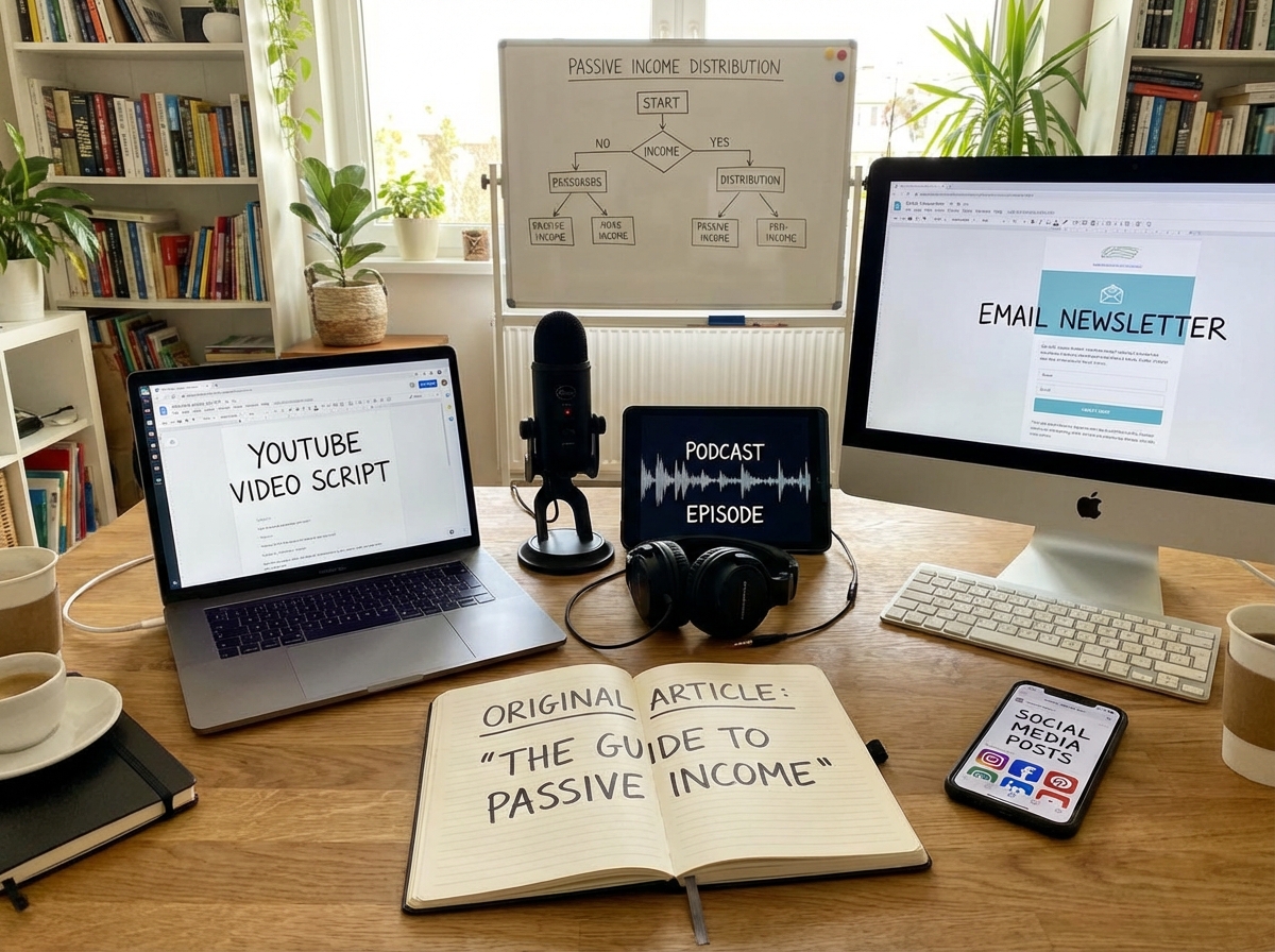 Multimedia content creation workflow scene showing a single written article being repurposed into a YouTube video script, podcast episode, email newsletter, and social media posts for passive income distribution