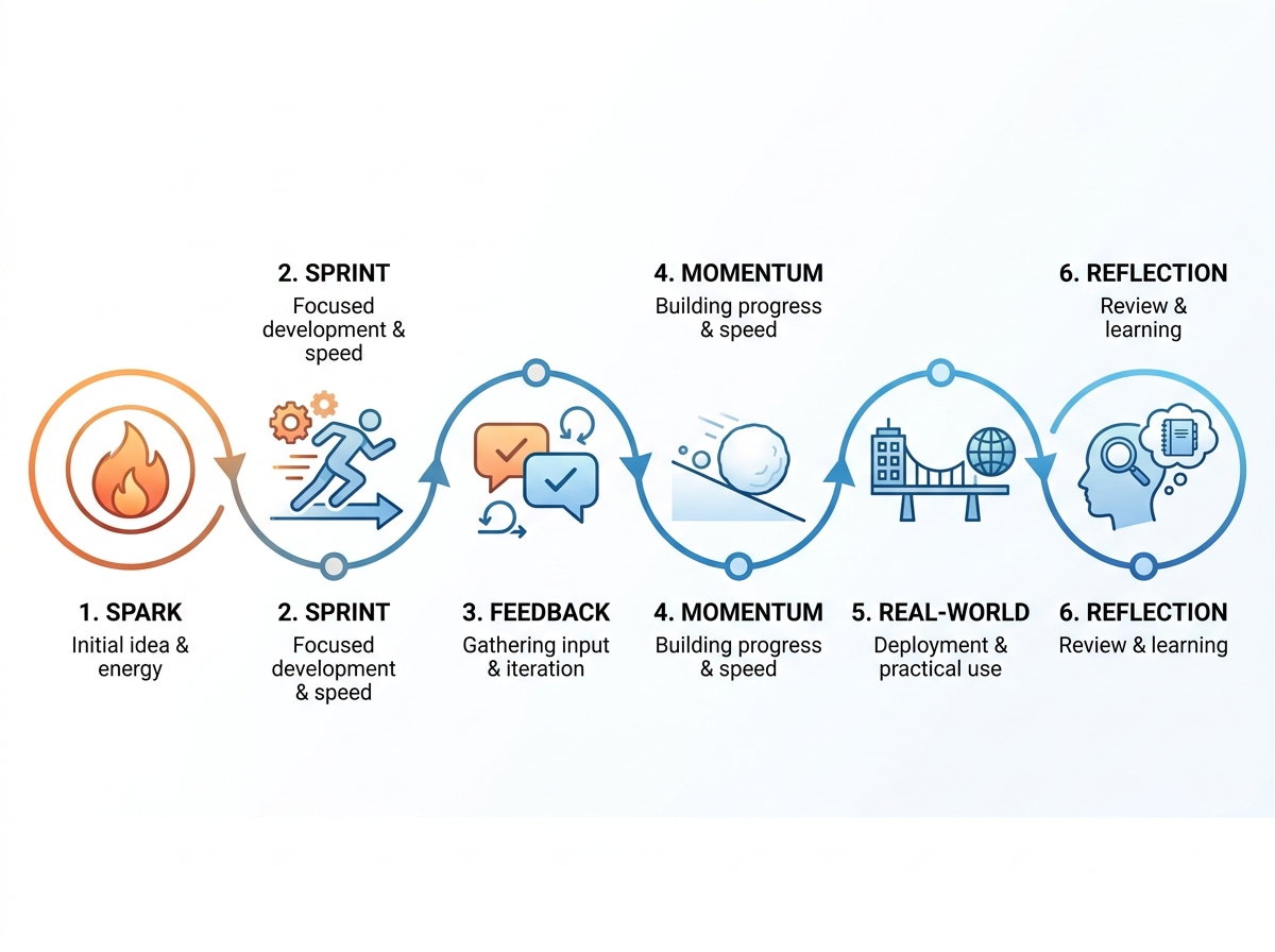 Timeline with stages: spark, sprint, feedback, momentum, real-world, reflection