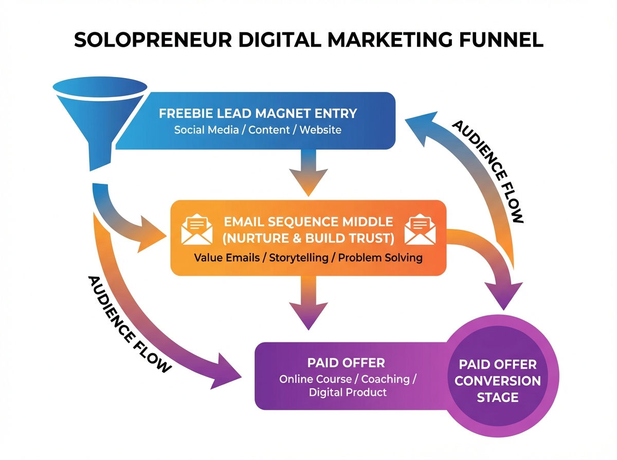 Digital marketing funnel diagram for online entrepreneurship showing freebie lead magnet entry, email sequence middle, and paid offer conversion stage with audience flow arrows for solopreneurs