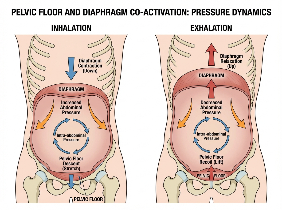 Pelvic floor and diaphragm co-activation diagram showing pressure dynamics inside the abdominal cavity during inhalation and exhalation, with arrows indicating pelvic floor descent and recoil in coordination with diaphragm movement