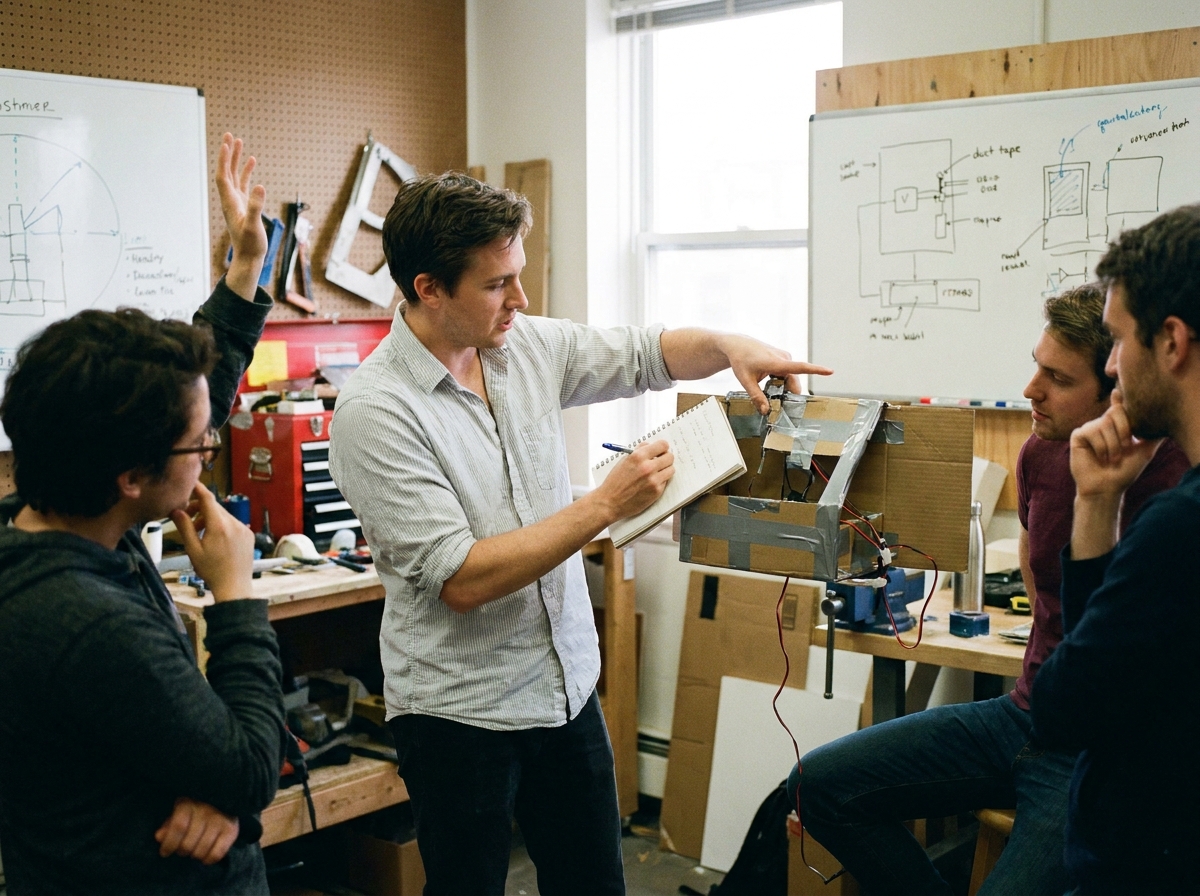 A person presenting a rough prototype to a small audience and taking notes