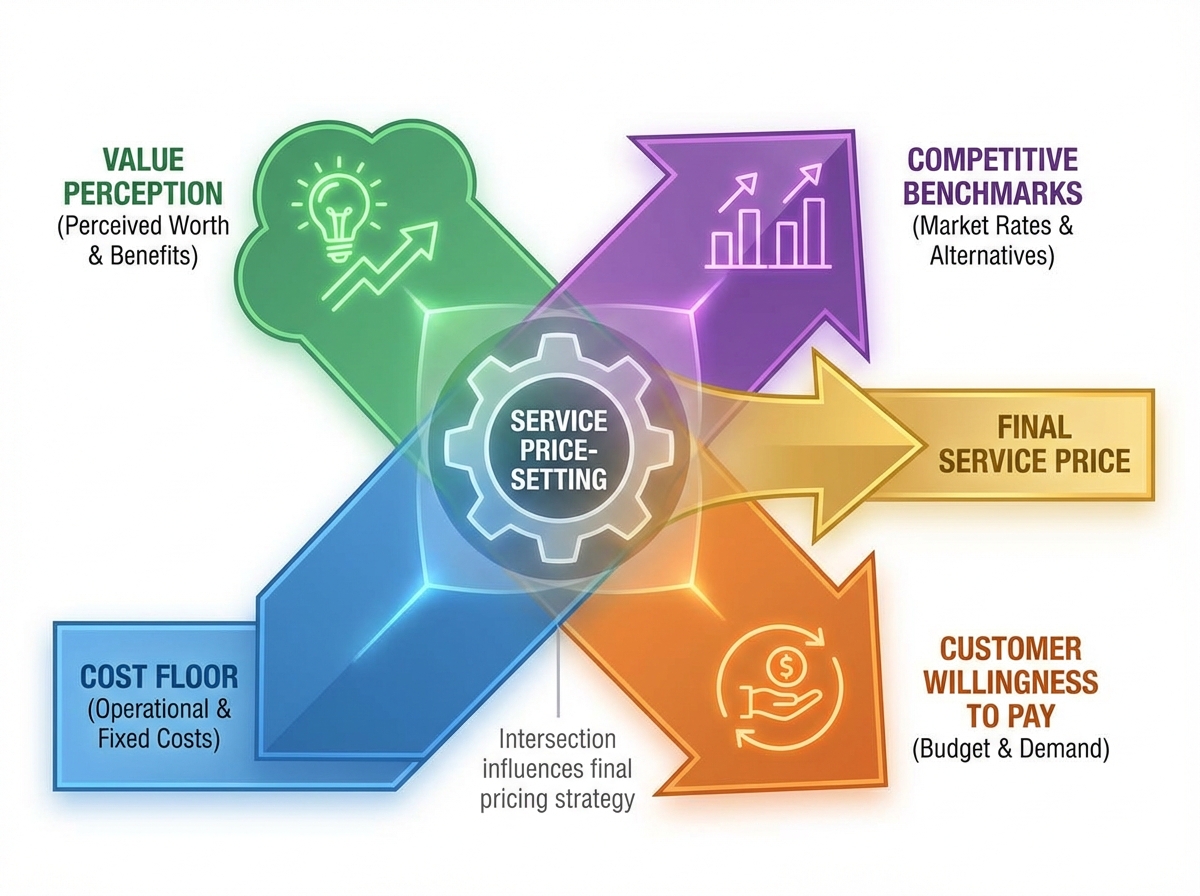 Service pricing factors diagram showing value perception, competitive benchmarks, customer willingness to pay, and cost floor as four intersecting inputs to service price-setting