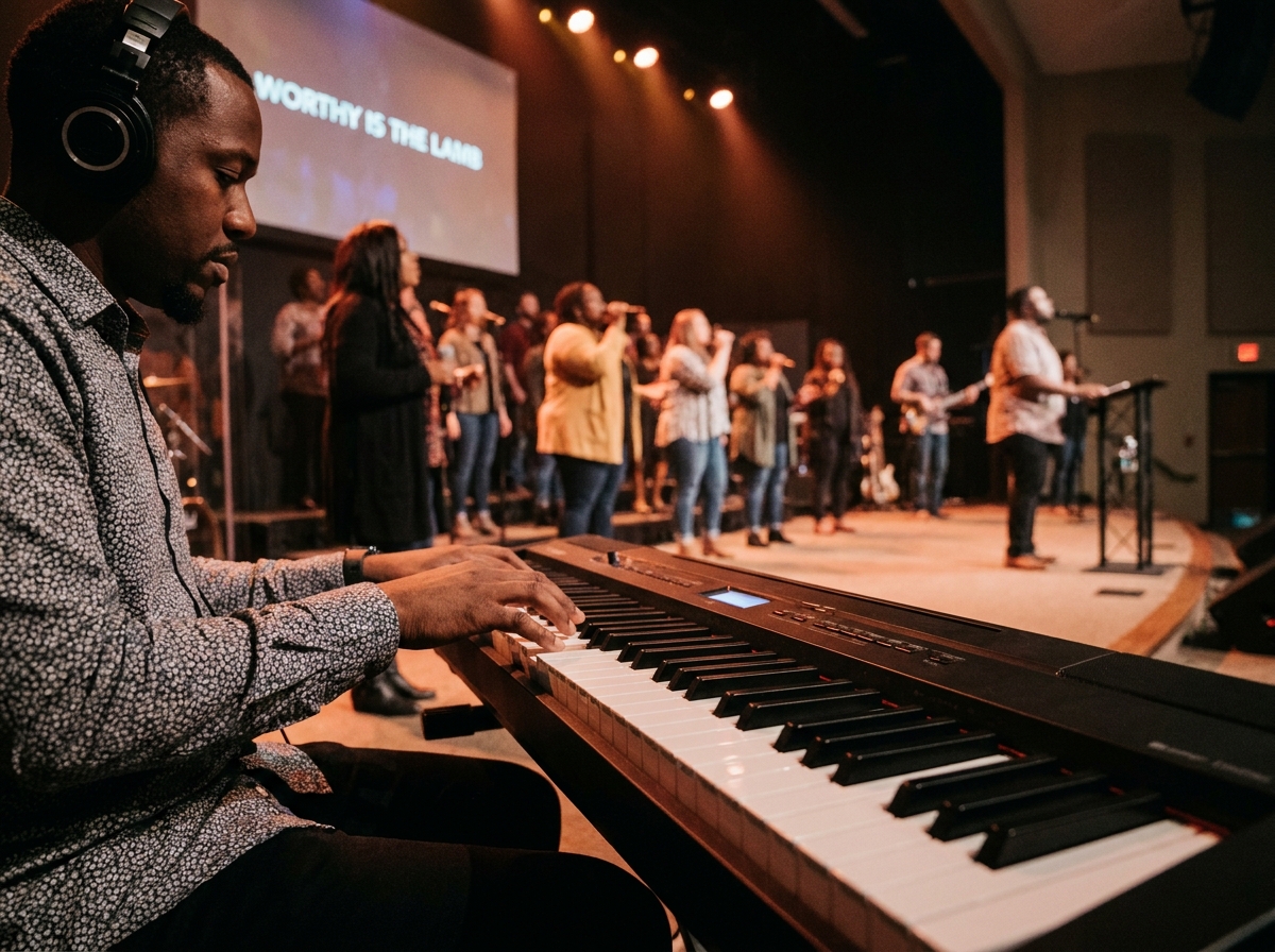 Contemporary gospel piano performance scene showing pianist at keyboard with both hands visible, left hand playing rootless voicing while right hand plays melodic phrase in a worship setting