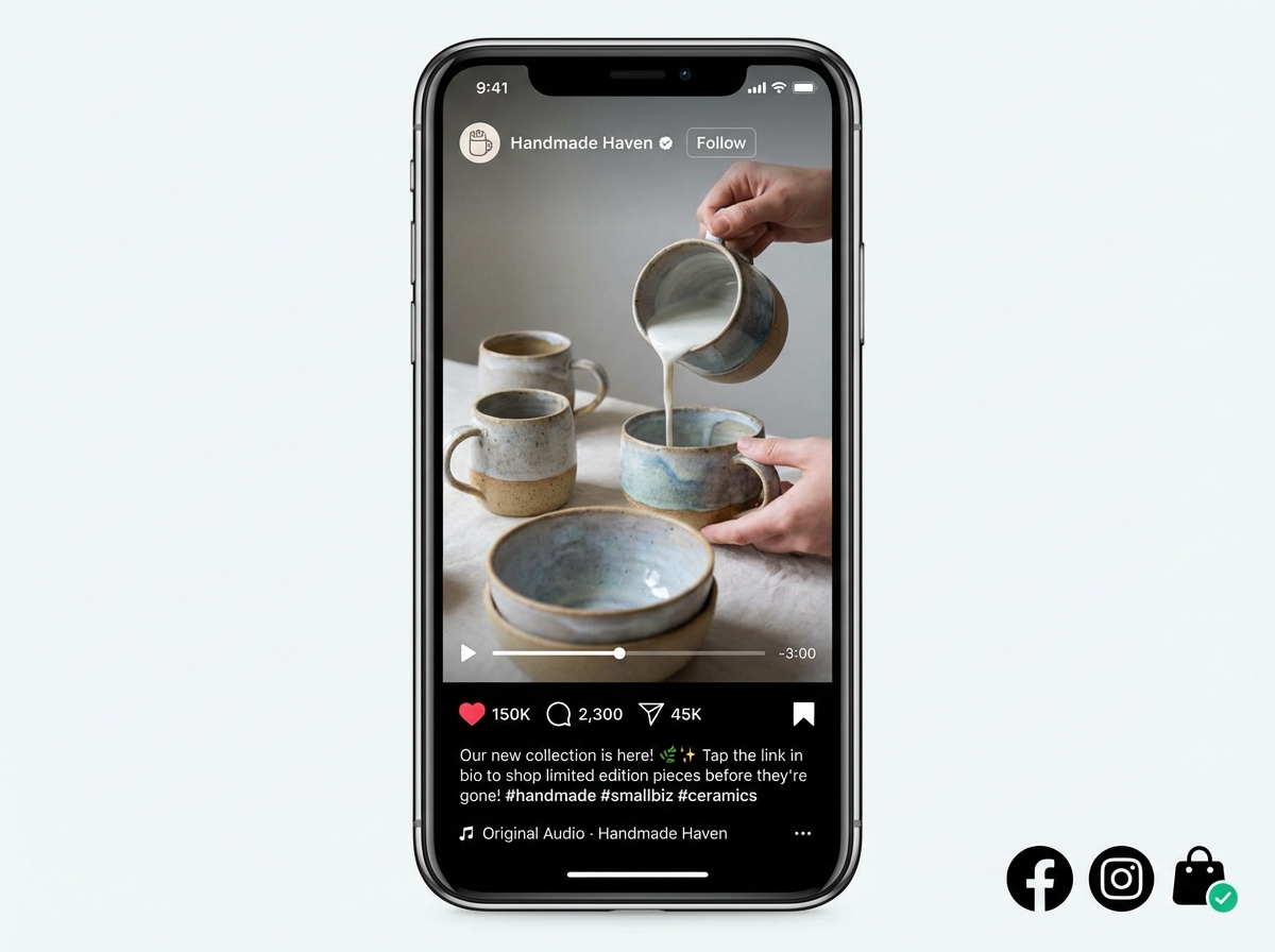 Instagram Reels interface for small business account showing a 30-second product video with engagement metrics, caption with call-to-action, and platform distribution settings