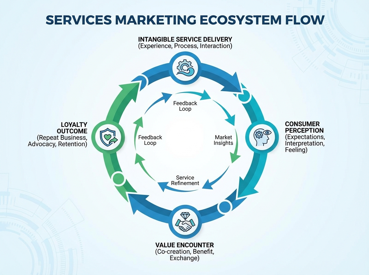 Services marketing ecosystem diagram showing the flow from intangible service delivery through consumer perception, value encounter, and loyalty outcome in a circular pipeline
