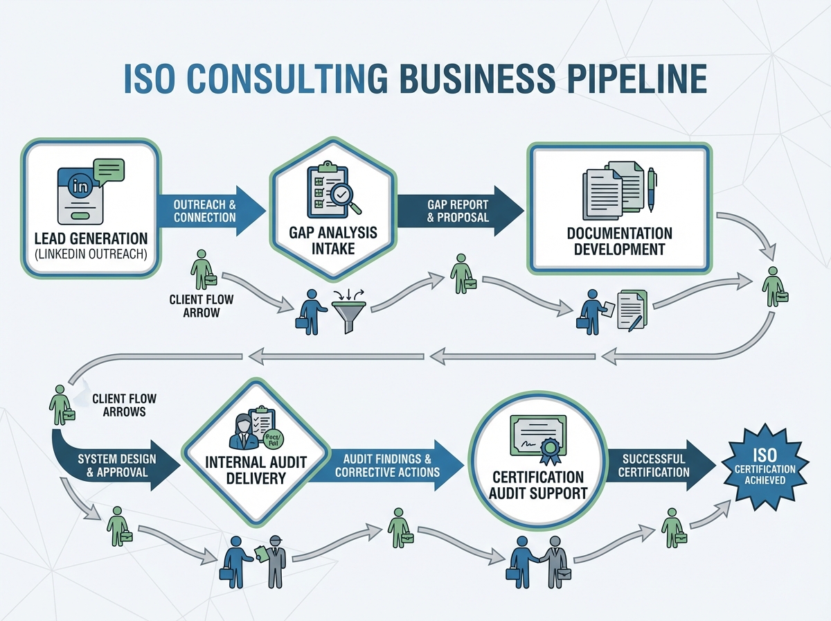 ISO consulting business pipeline diagram showing lead generation through LinkedIn outreach, gap analysis intake, documentation development, internal audit delivery, and certification audit support with client flow arrows