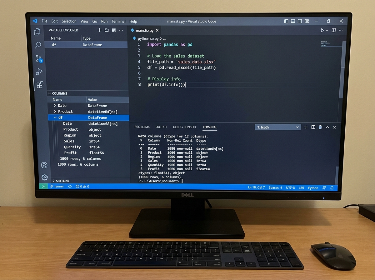 Python script in VS Code showing pandas read_excel function loading a sales dataset into a DataFrame, with variable inspector panel displaying column names, data types, and row count