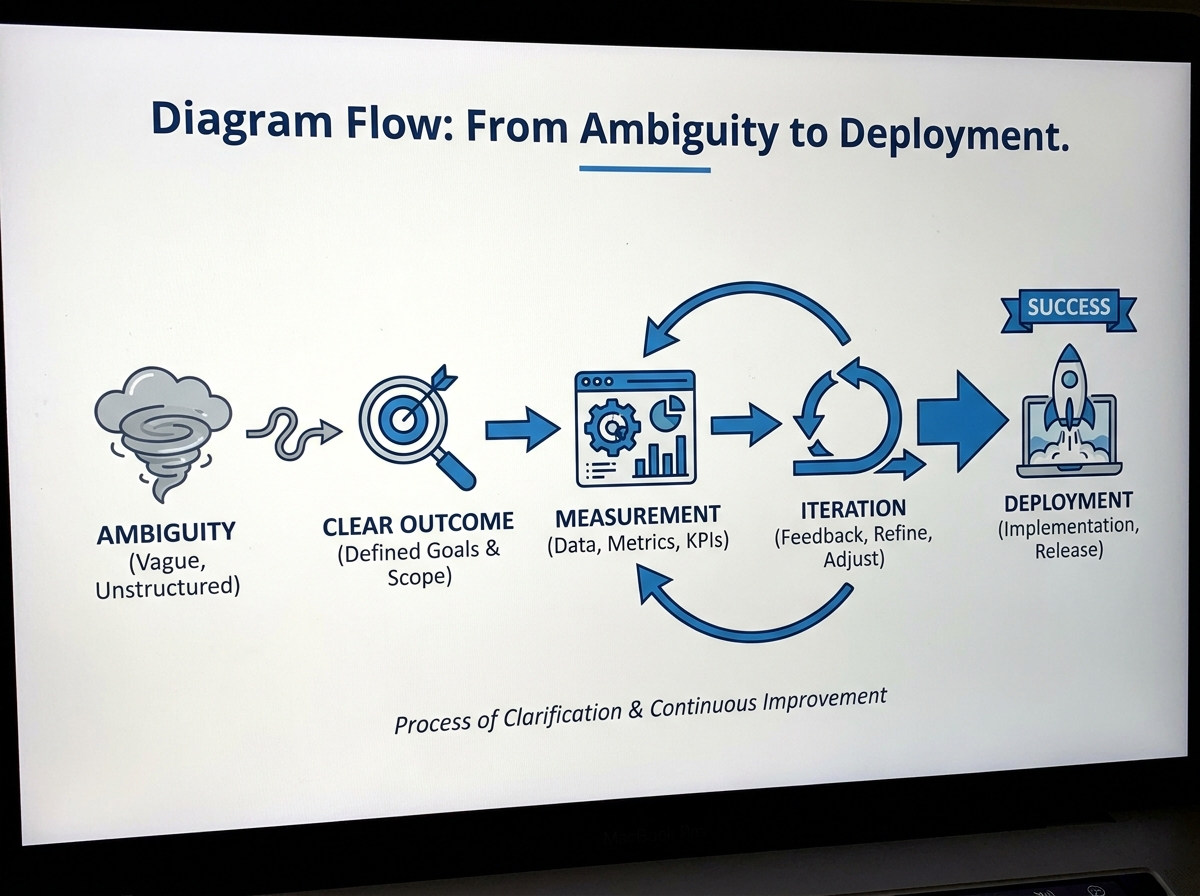 Flow from ambiguity to clear outcome, measurement, iteration, and deployment
