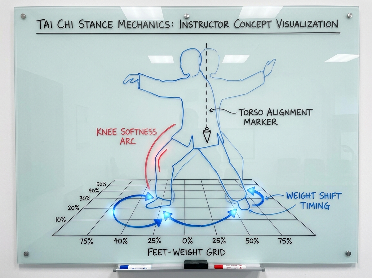 Instructor visualization of stance mechanics: feet-weight grid lines, knee softness arc, torso alignment marker; arrows indicate weight shift timing for Tai Chi steps.