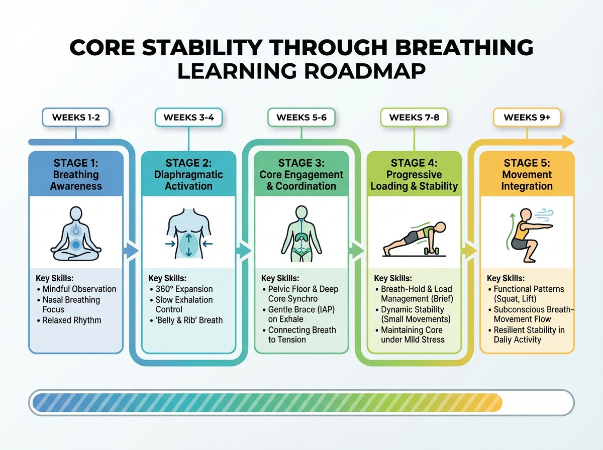 Core stability through breathing learning roadmap with five sequential stages from breathing awareness through movement integration, showing weeks and key skills at each stage on a horizontal timeline