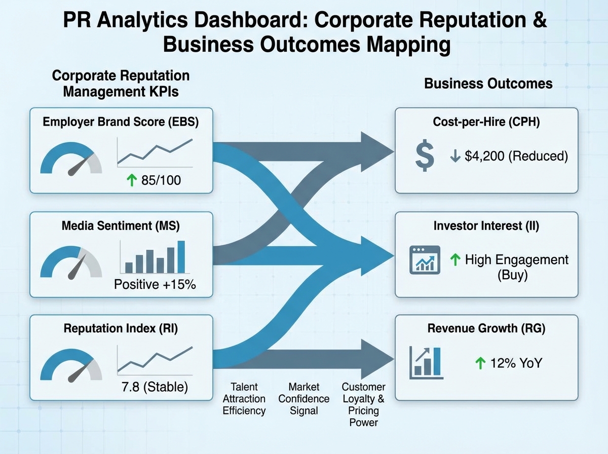 PR analytics dashboard showing corporate reputation management KPIs mapped to business outcomes including employer brand score linked to cost-per-hire, media sentiment linked to investor interest, and reputation index linked to revenue growth