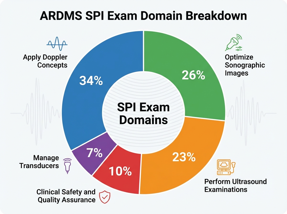 ARDMS SPI exam domain breakdown diagram showing five sections: Perform Ultrasound Examinations 23%, Manage Transducers 7%, Optimize Sonographic Images 26%, Apply Doppler Concepts 34%, Clinical Safety and Quality Assurance 10%