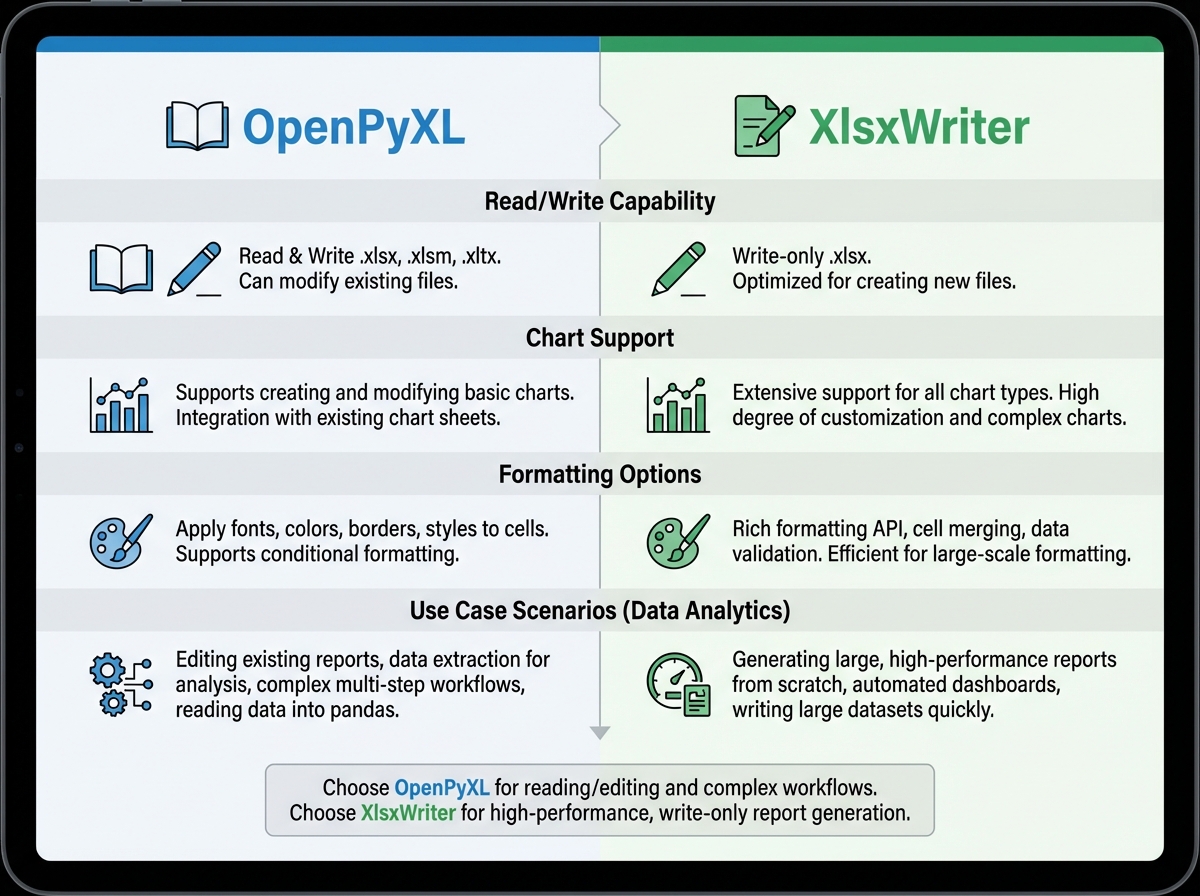 Side-by-side comparison of OpenPyXL vs XlsxWriter for Python Excel automation, showing read/write capability, chart support, formatting options, and use case scenarios for data analytics workflows
