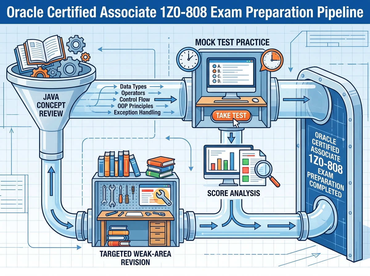 Oracle Certified Associate 1Z0-808 exam preparation pipeline showing Java concept review flowing into mock test practice, score analysis, and targeted weak-area revision
