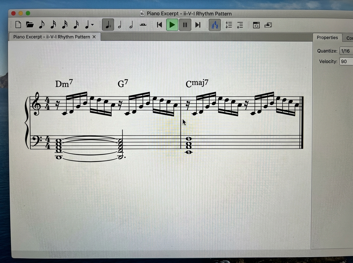 Sheet music excerpt showing 7-note 16th note piano rhythm pattern over a ii-V-I chord progression in C major, with right hand rhythm pattern and left hand chord voicings notated across two bars