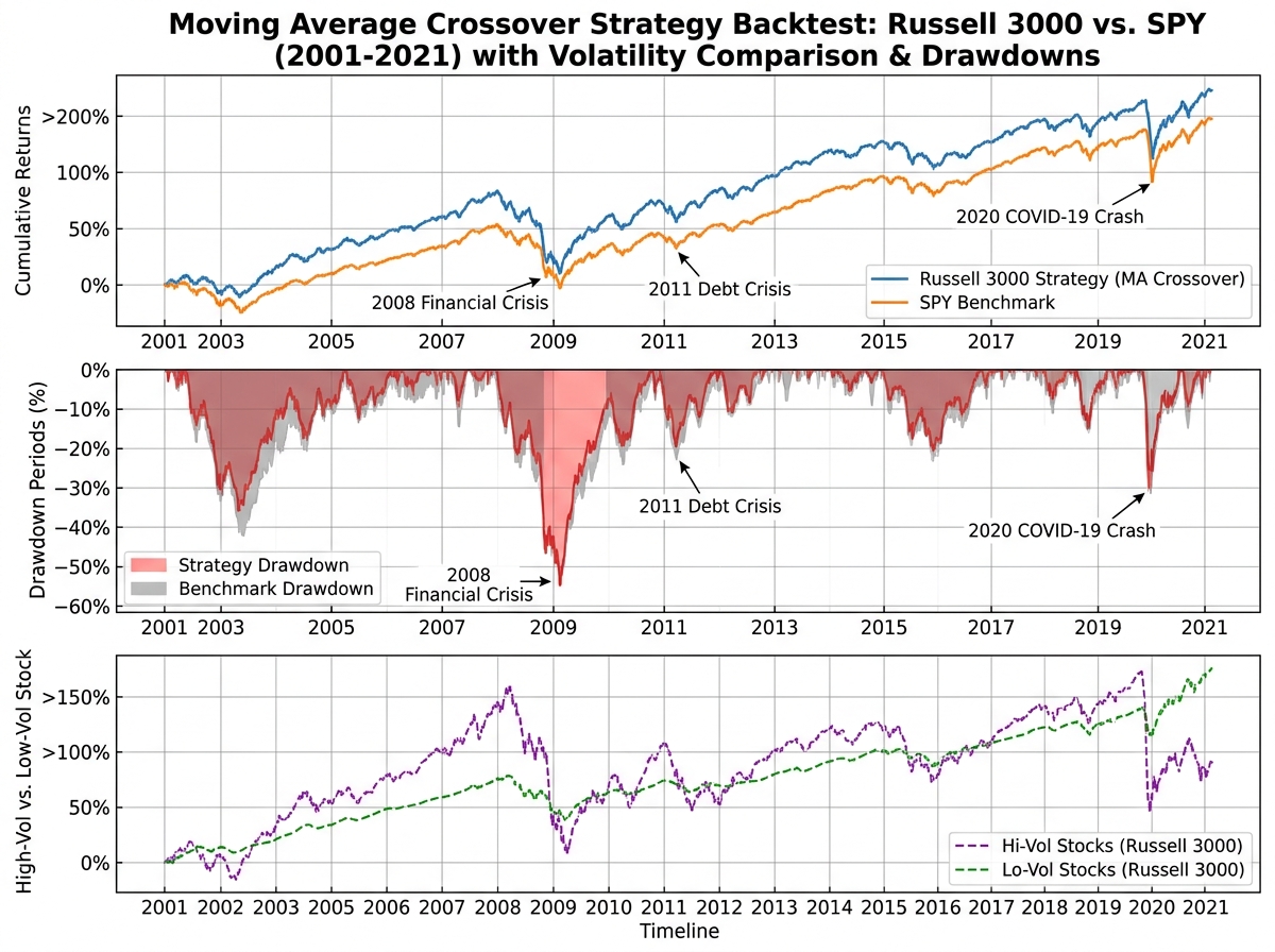 Equity curve chart from moving average crossover backtesting strategy applied to Russell 3000 index versus SPY benchmark, showing cumulative returns, drawdown periods, and high-volatility versus low-volatility stock performance comparison 2001-2021