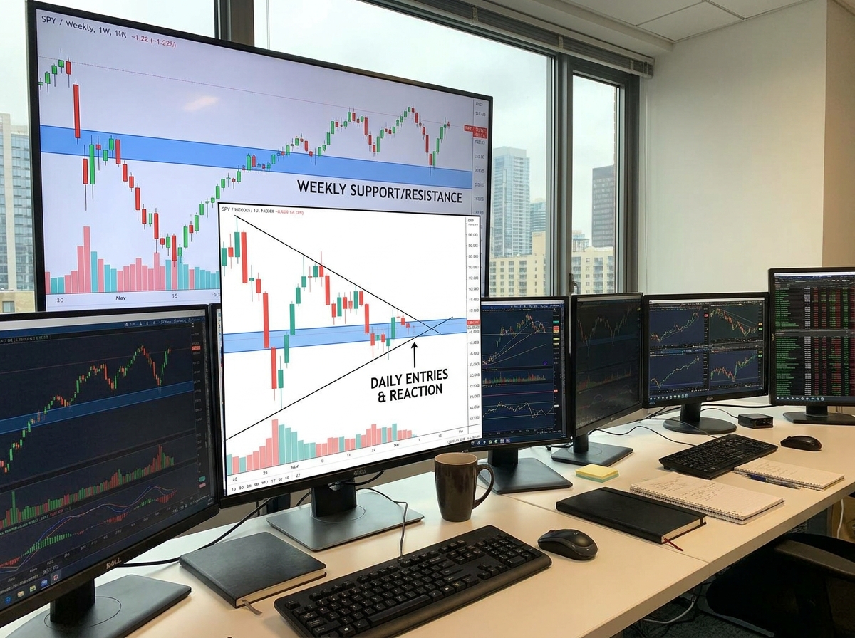 Stock market chart scene showing support and resistance zones plotted across multiple timeframes — weekly level highlighted in blue, daily entries shown with candlestick reactions at the same price zone
