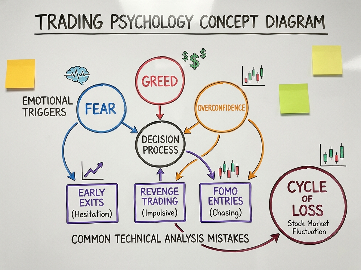 Trading psychology concept diagram showing emotional triggers — fear, greed, overconfidence — mapped against common technical analysis mistakes like early exits and revenge trading in stock market
