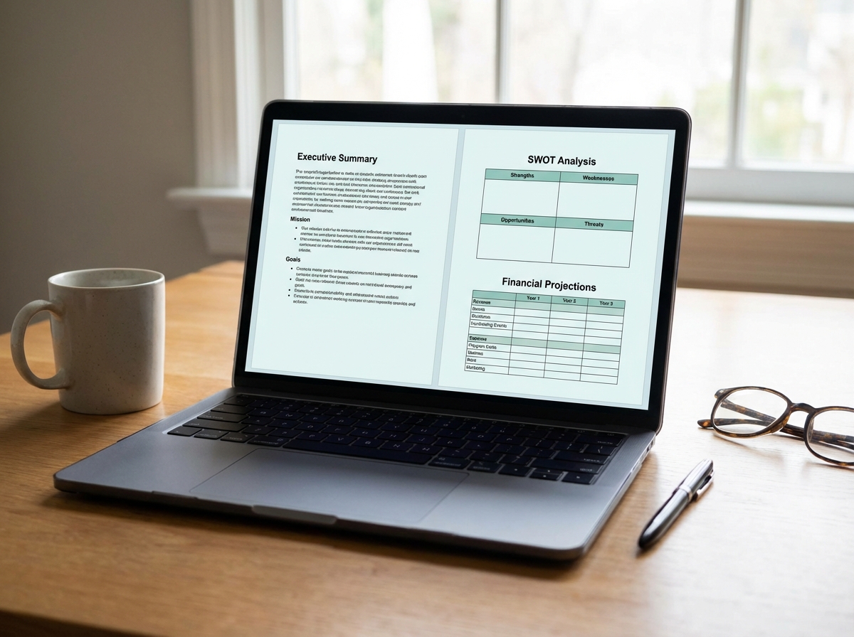 Nonprofit business plan document open on laptop showing executive summary, SWOT analysis table, and financial projections spreadsheet with revenue and expense line items