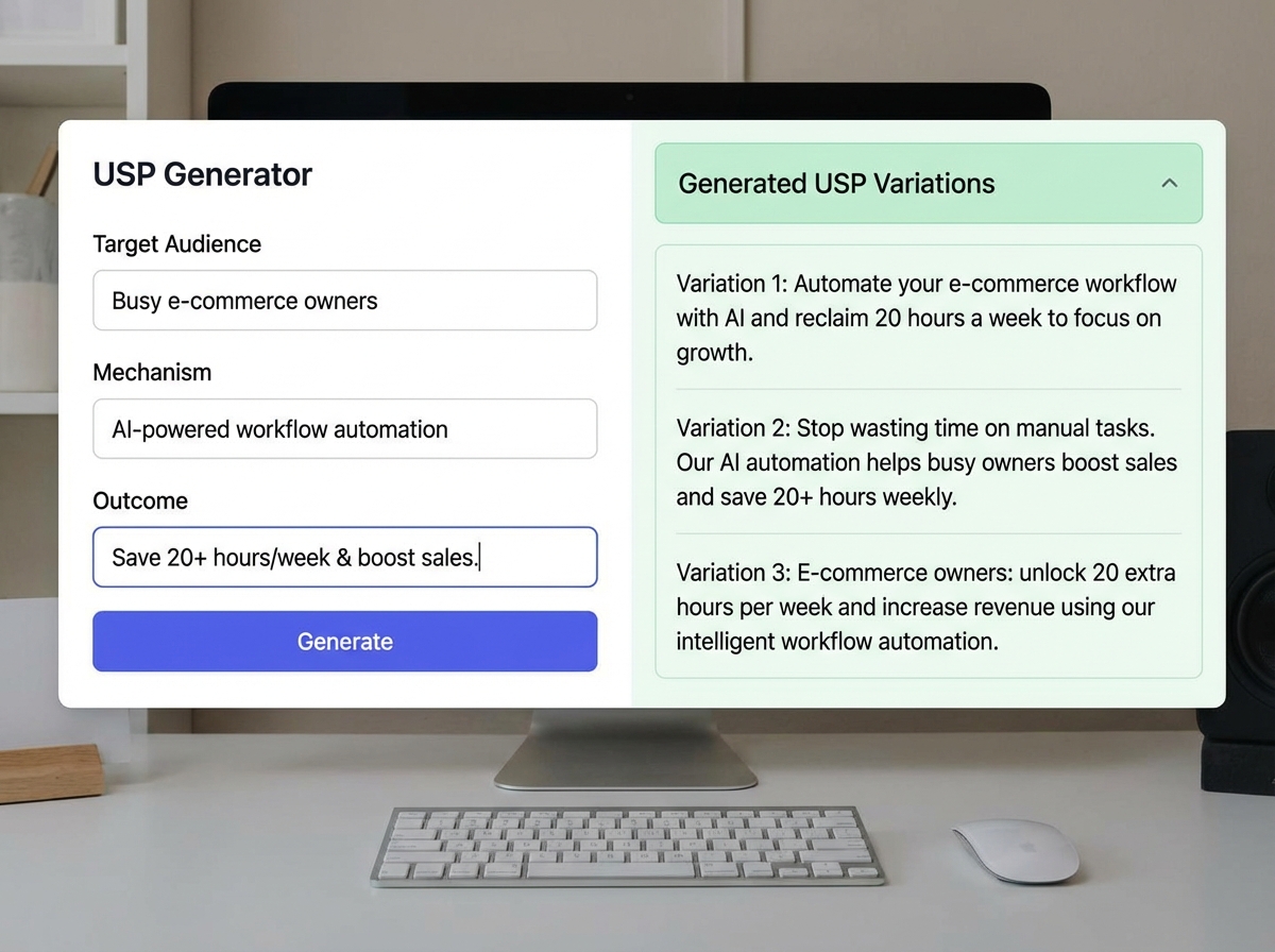 AI copywriting tool interface showing USP prompt input with target audience, mechanism, and outcome fields filled in alongside generated USP variations for a sales page