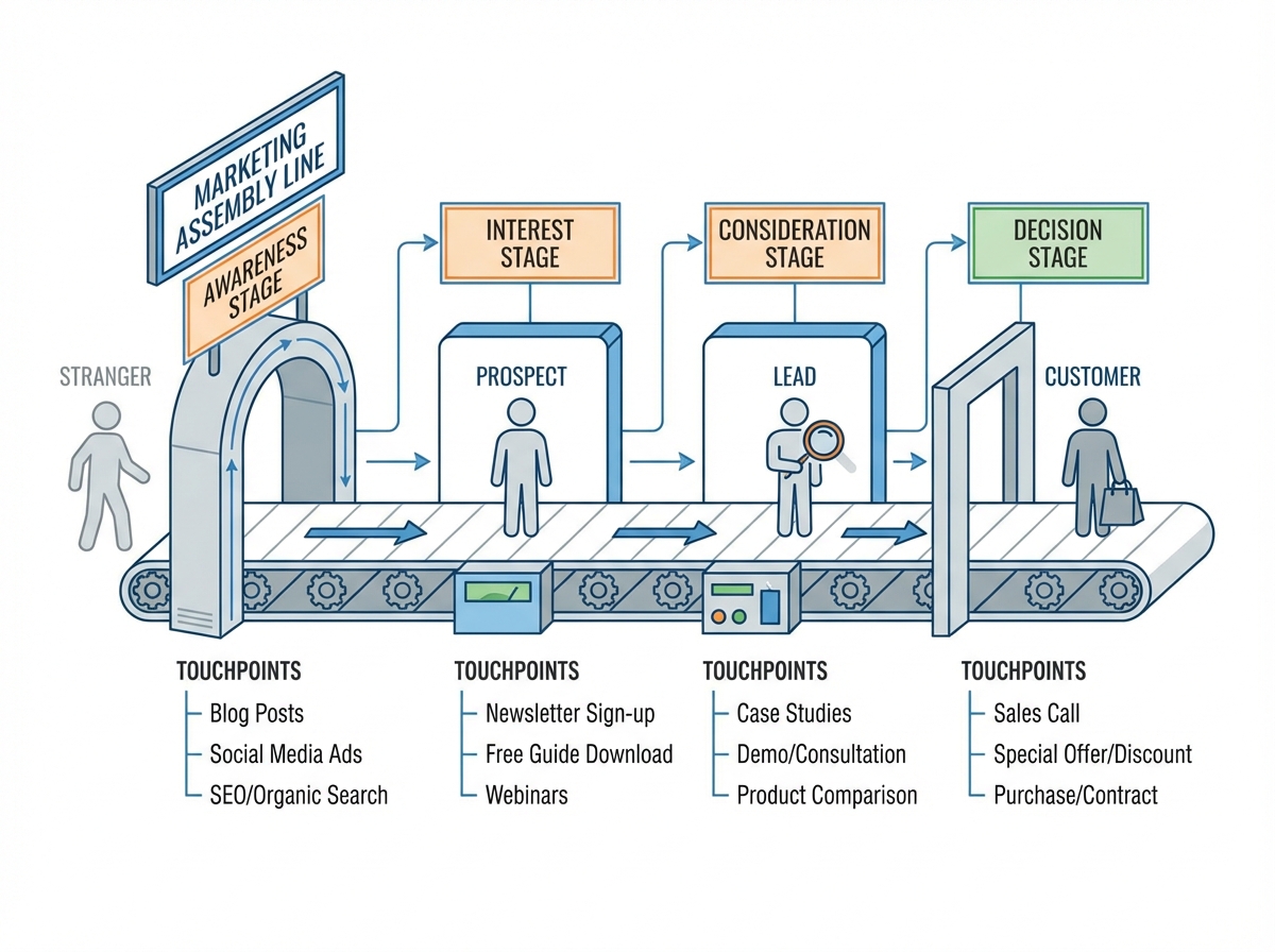 Marketing assembly line flowchart for small business showing stranger entering at awareness stage, moving through interest, consideration, and decision stages with labeled touchpoints at each station