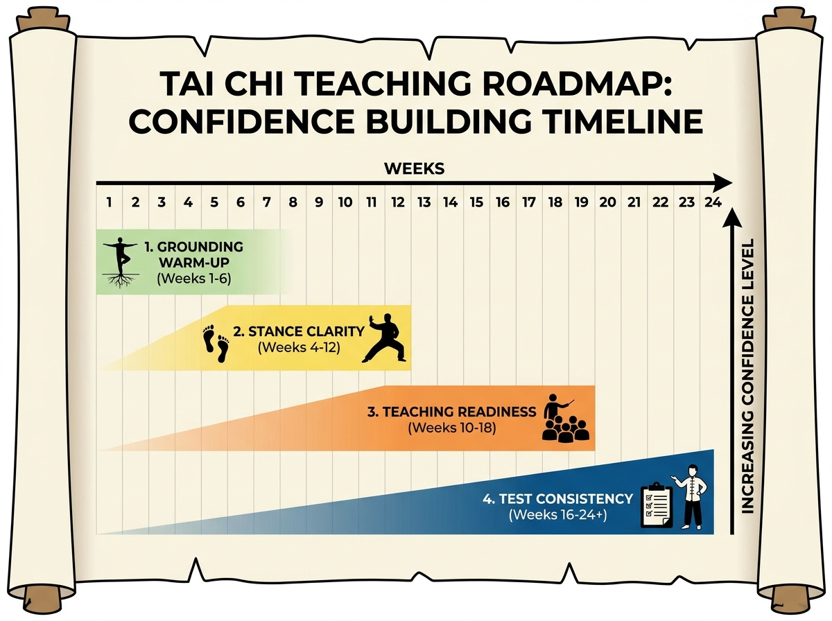 Roadmap timeline for learning Tai Chi to teach: Grounding warm-up, Stance clarity, Teaching readiness, Test consistency; bars show increasing confidence across weeks.