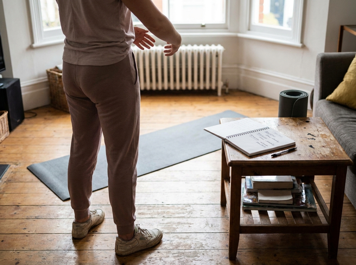 Home practice scene: standing in a small open space, wearing comfortable shoes, hands performing a gentle warm-up; a notepad beside notes about breath and tension.