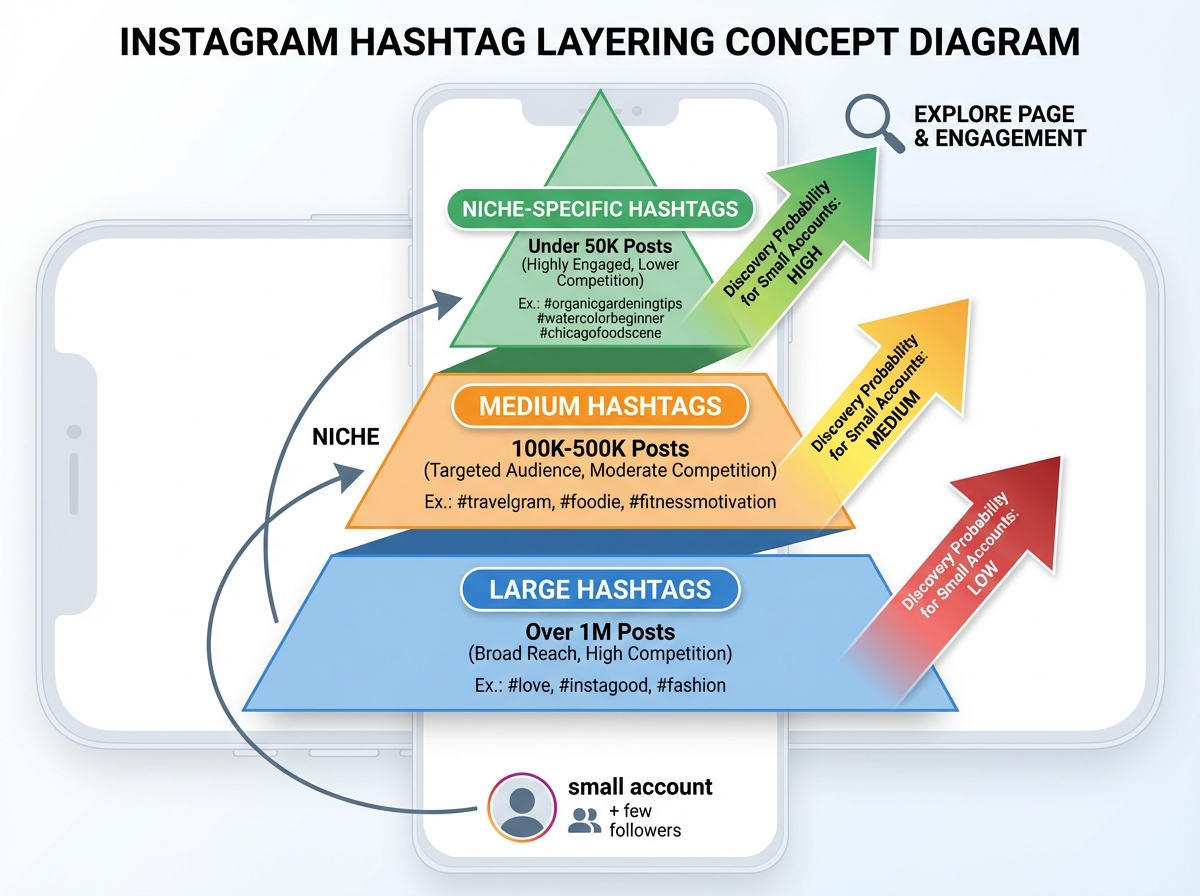 Instagram hashtag layering concept diagram showing three tiers: large hashtags over 1M posts, medium hashtags 100K-500K, and niche-specific hashtags under 50K posts, with arrows showing discovery probability for small accounts