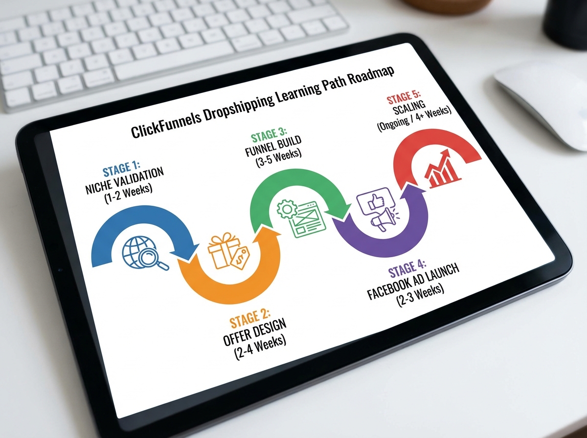 ClickFunnels dropshipping learning path roadmap showing five stages: niche validation, offer design, funnel build, Facebook ad launch, and scaling with estimated timeframes per stage