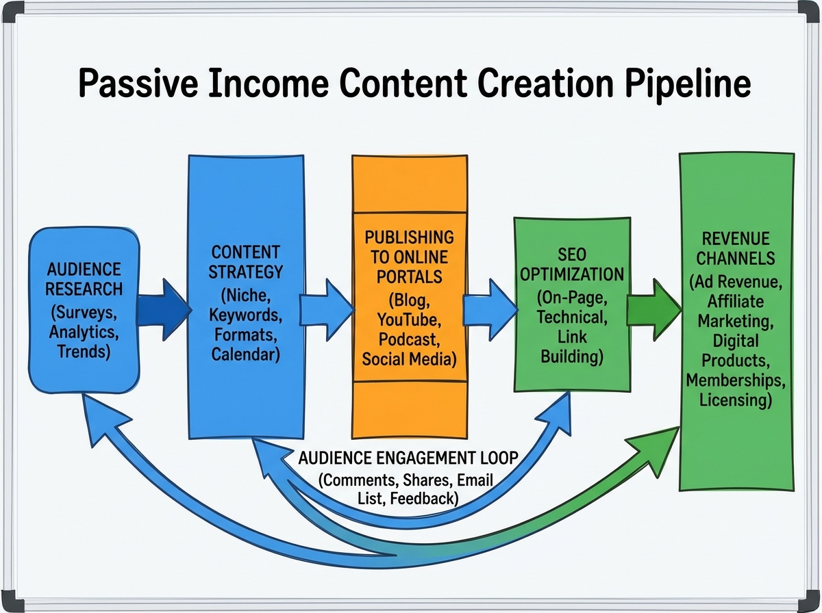 Passive income content creation pipeline diagram showing audience research flowing into content strategy, publishing to online portals, SEO optimization, audience engagement loop, and revenue channels