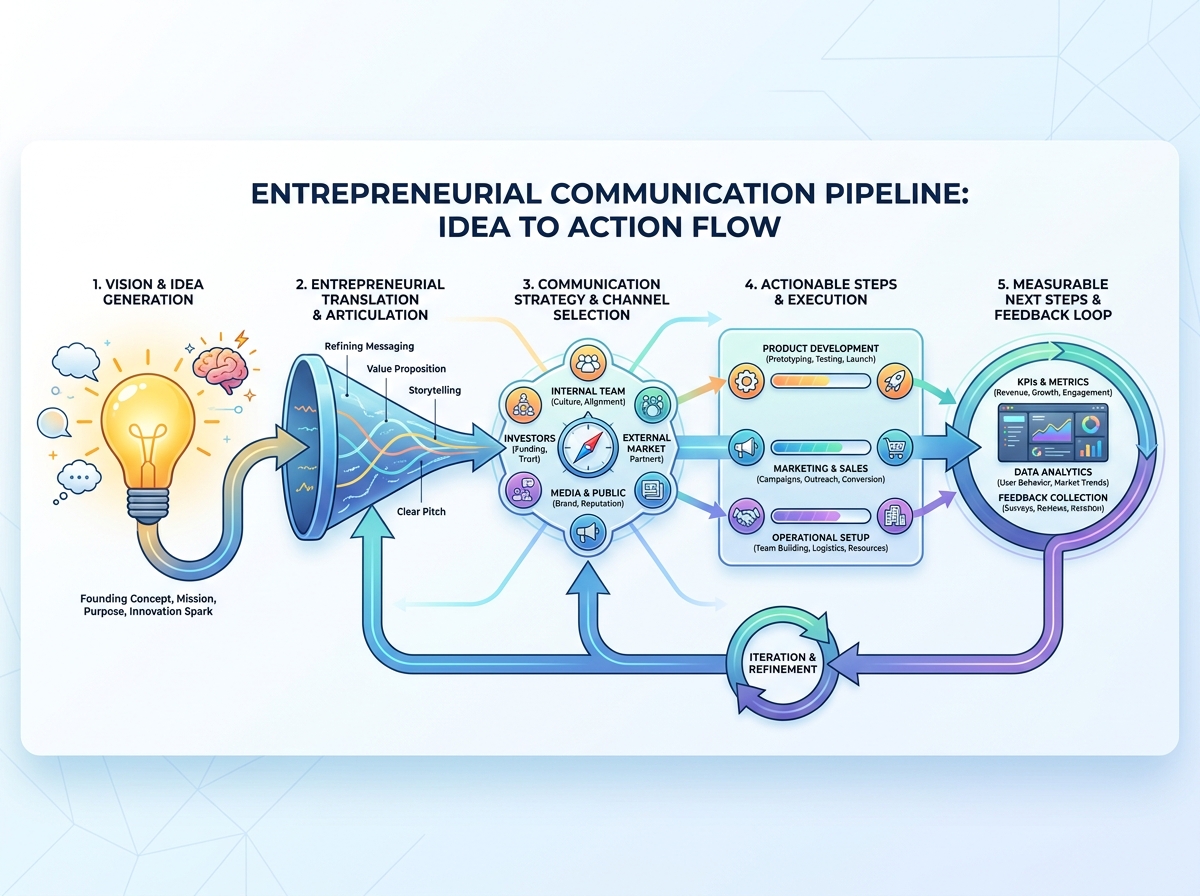Entrepreneurial communication pipeline showing idea to action flow from vision to measurable next steps