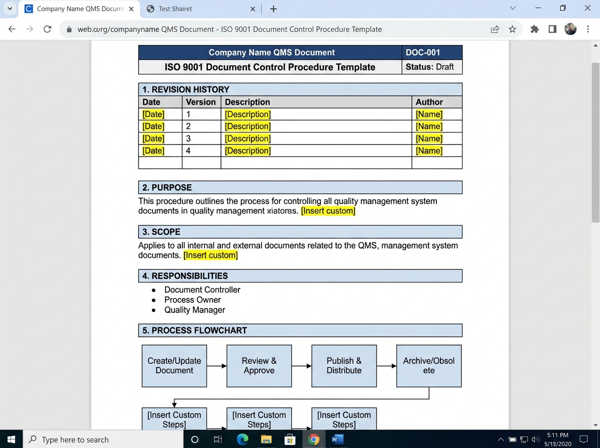 ISO 9001 document control procedure template screenshot showing revision history table, purpose section, scope, responsibilities, and process flowchart with placeholder fields for client customization