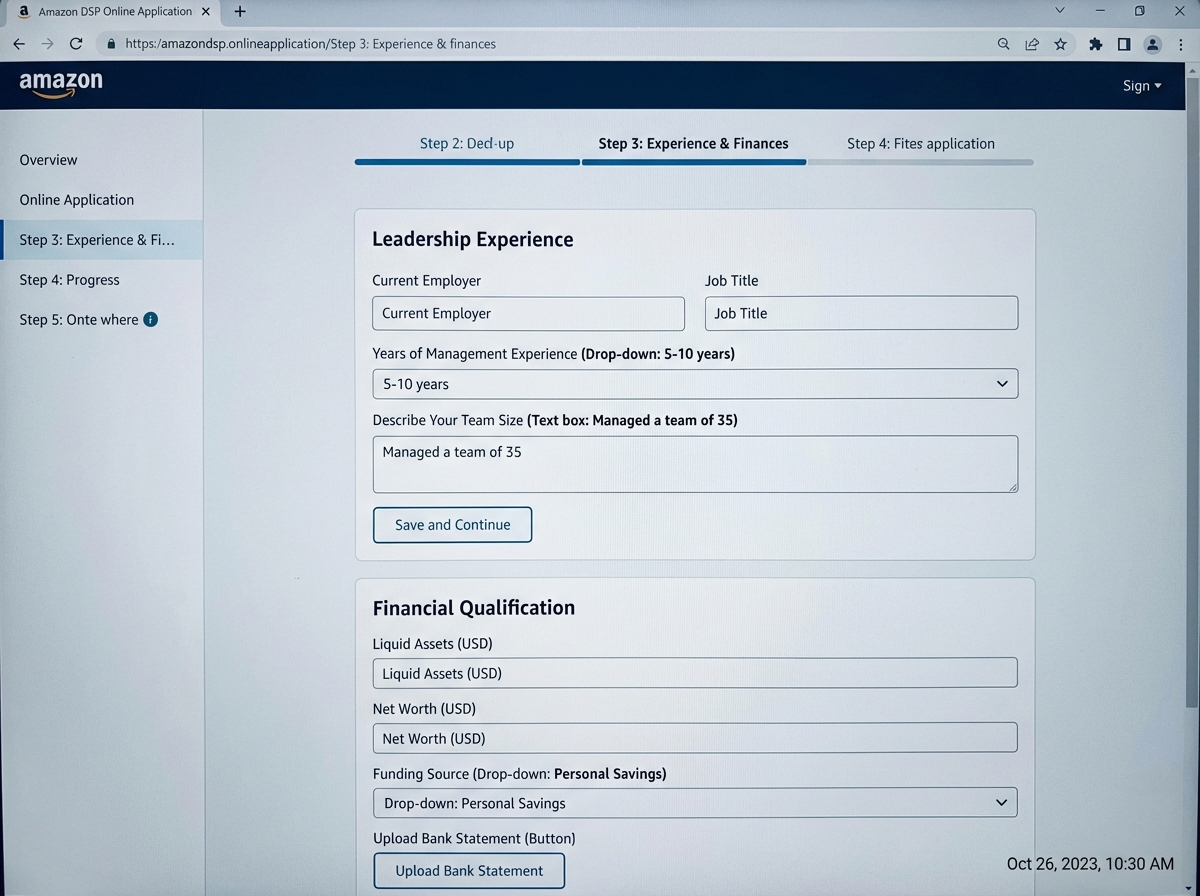 Amazon DSP online application interface showing leadership experience and financial qualification sections with sample input fields