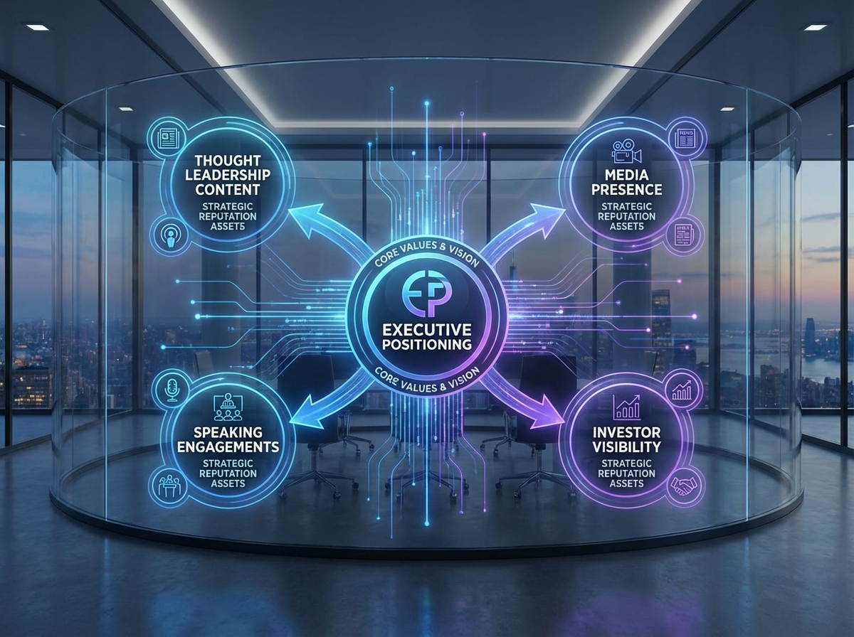 CEO personal brand architecture concept showing executive positioning at center with thought leadership content, media presence, speaking engagements, and investor visibility radiating outward as strategic reputation assets