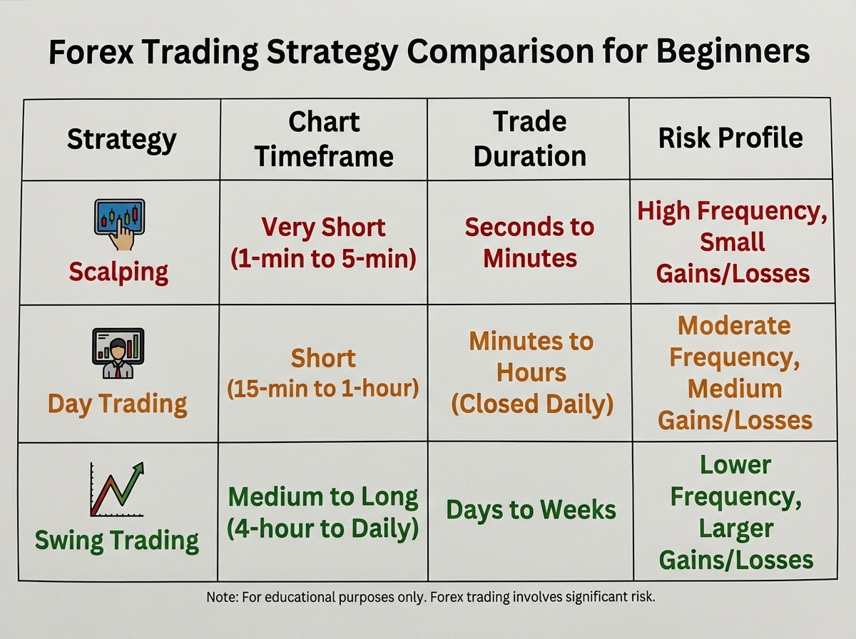 Comparison table showing difference between scalping, swing trading, and day trading: chart timeframe, trade duration, and risk profile for forex scalping beginners.