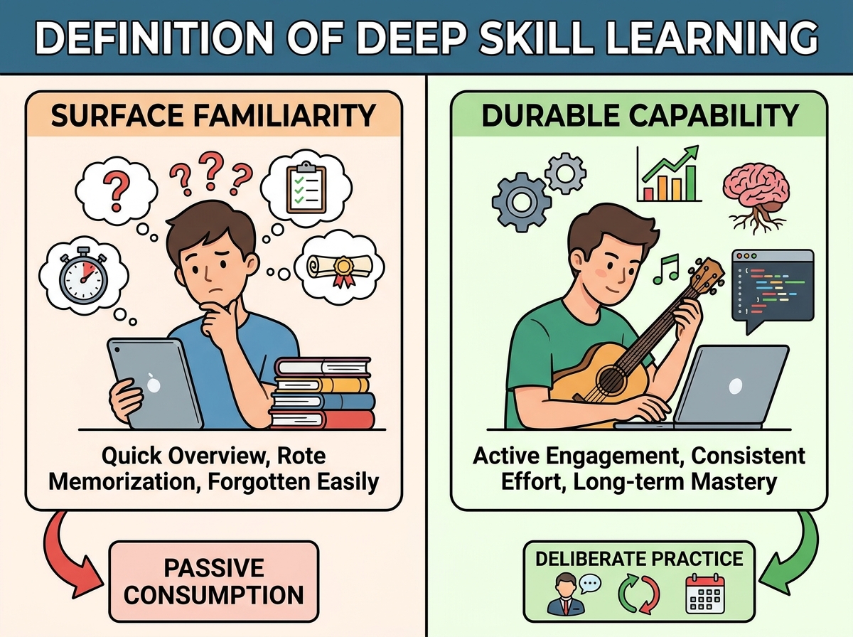Definition of Deep Skill Learning: surface familiarity vs. durable capability, with sub-types like deliberate practice