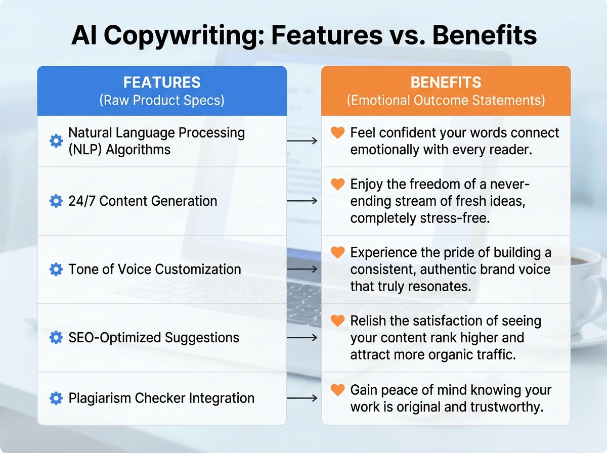 Features versus benefits comparison table for an AI copywriting sales page, showing feature column with raw product specs beside benefits column with emotional outcome statements