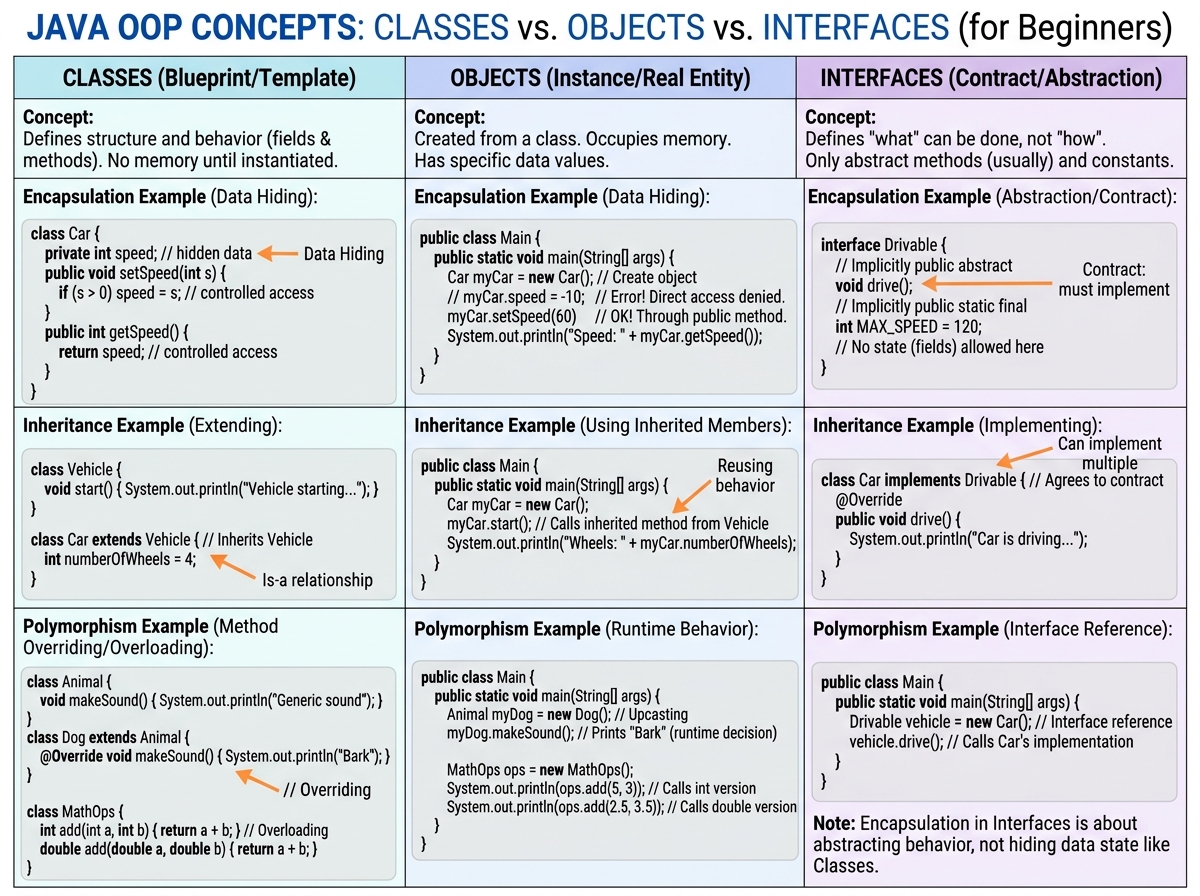 Java OOP concepts comparison table showing classes vs objects vs interfaces with simple code snippets illustrating encapsulation, inheritance, and polymorphism for Java beginners