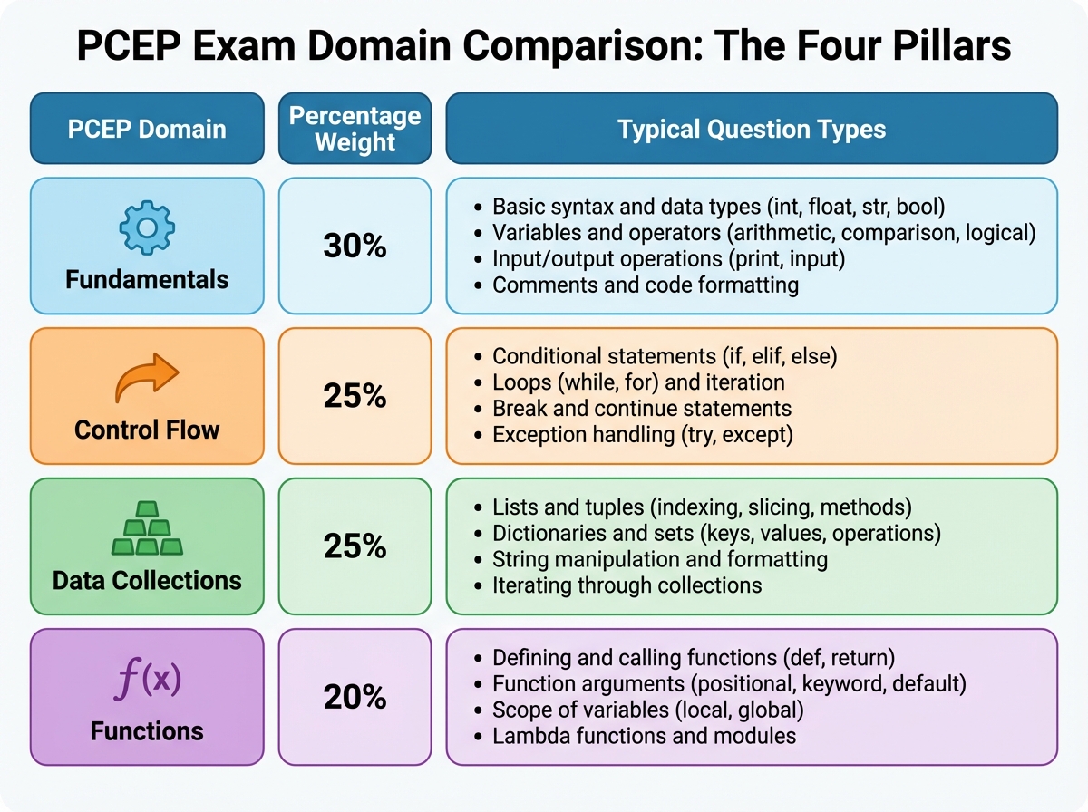 PCEP exam domain comparison table showing four pillars — fundamentals, control flow, data collections, functions — with percentage weight and typical question types for each domain