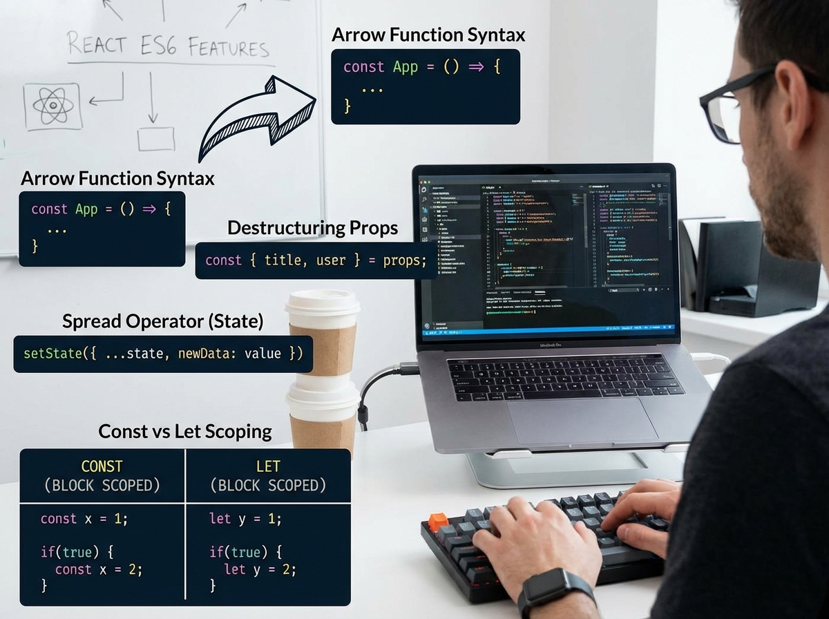 JavaScript ES6 features used in React showing arrow function syntax, object destructuring from props, spread operator for state updates, and const vs let scoping rules