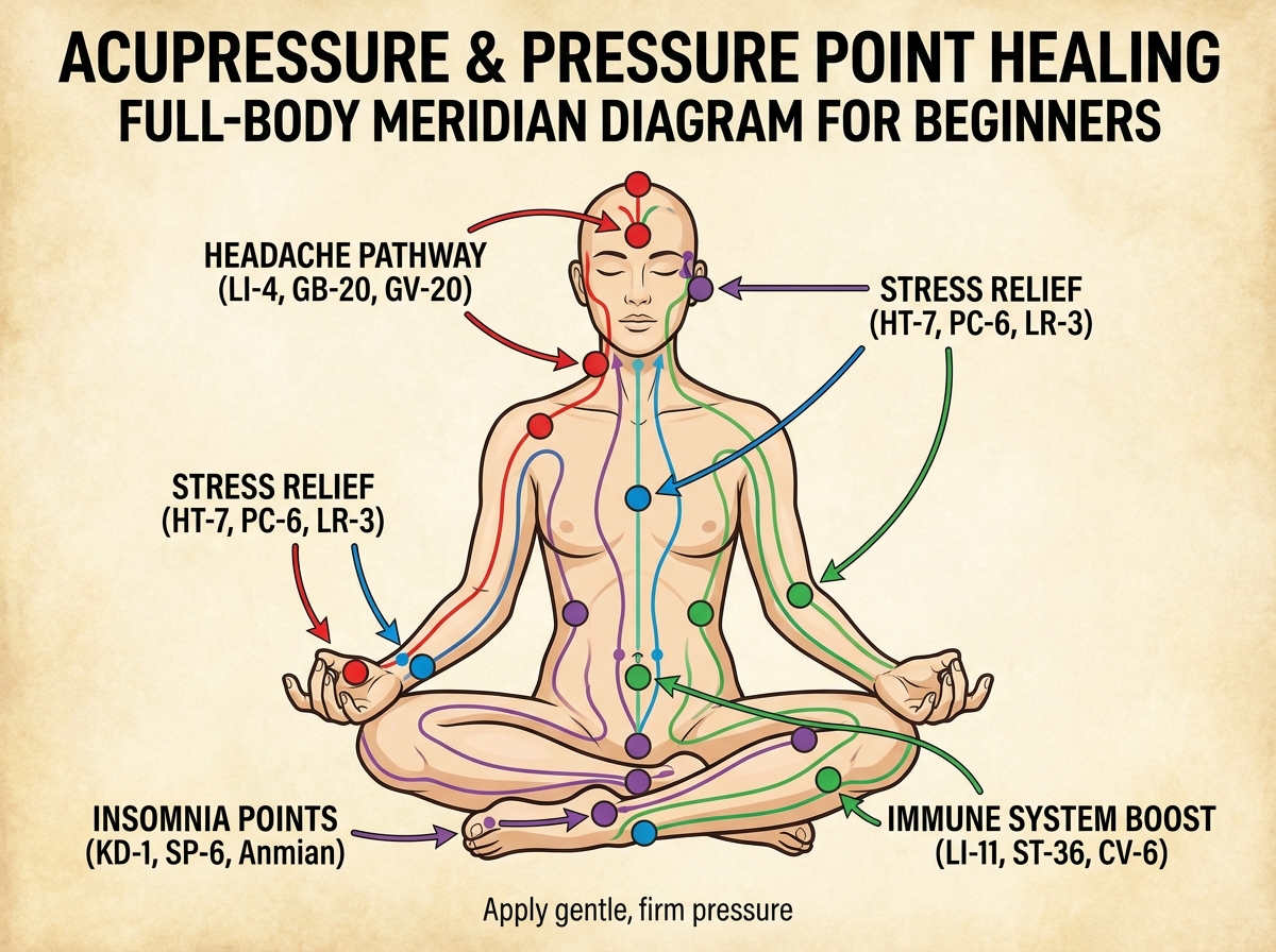 Acupressure and pressure point healing full-body meridian diagram showing major acupoints for beginners, with labeled pathways for headache, stress, insomnia, and immune system points