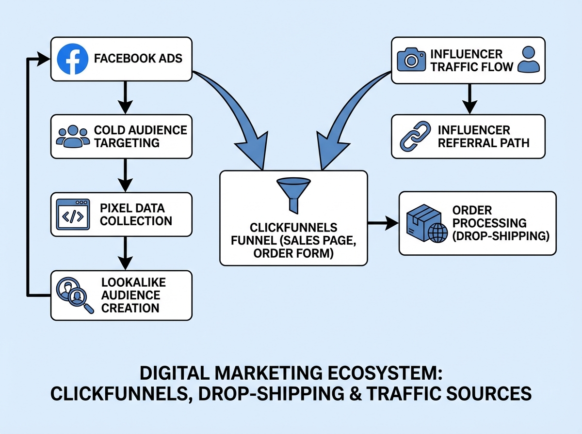 ClickFunnels dropshipping Facebook ads and influencer traffic flow diagram showing cold audience targeting, pixel data collection, lookalike audience creation, and influencer referral path to funnel